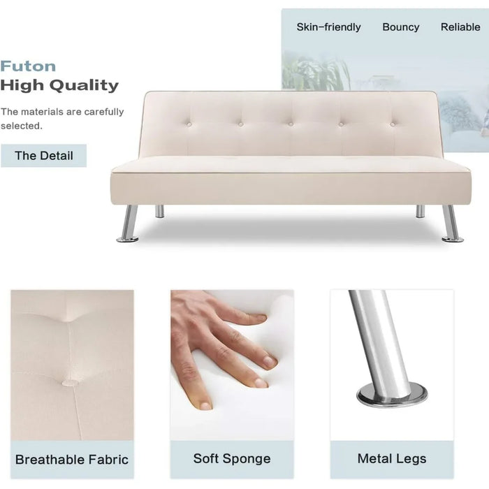 Sofa Bed Convertible Folding Futon Upholstered Sleeper Compact Fabric Recliner Sofa Legs Beige Couch