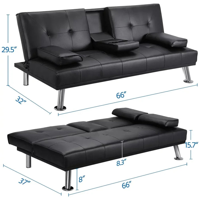 Modern Faux Leather Futon With Cupholders and Pillows Sofa Living Room Sofas Black Furniture Home Sofas