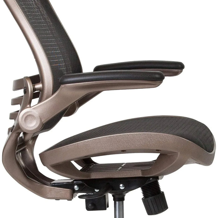 Mid-Back Transparent Black Mesh Drafting Chair With Melrose Gold Frame and Flip-Up Arms Freight Free Office Furniture Desk