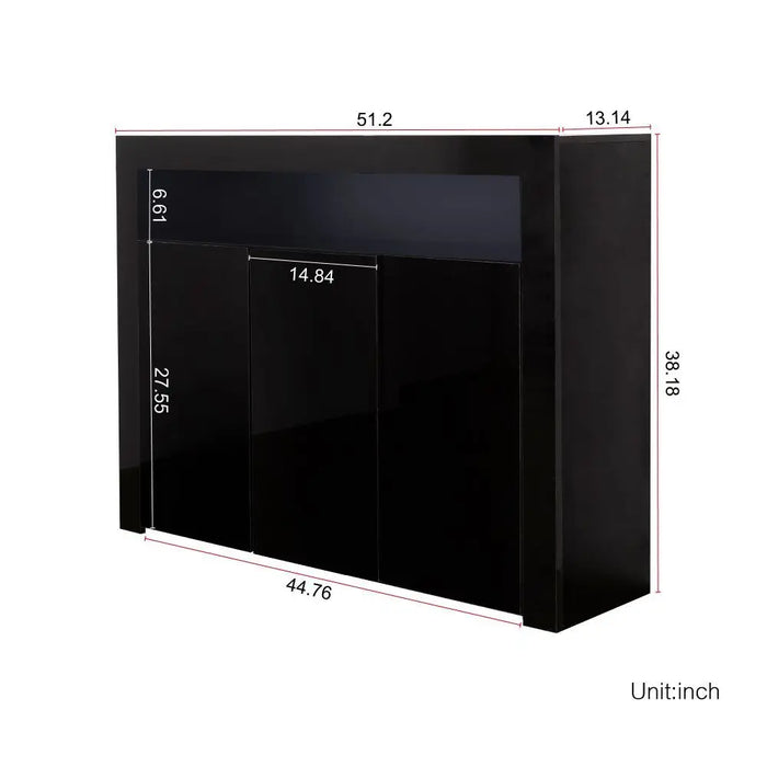 Living Room Sideboard Storage Cabinet Black High Gloss with LED Light, Wooden Storage Display Cabinet TV Stand with 3 Doors