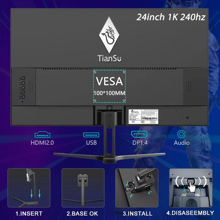 TIANSU 24 Inch Monitor 240Hz 1080p 390Hz Monitor Gamer for PC HDMI Full HD Display IPS 360Hz Computer Screen DP Gaming Monitor
