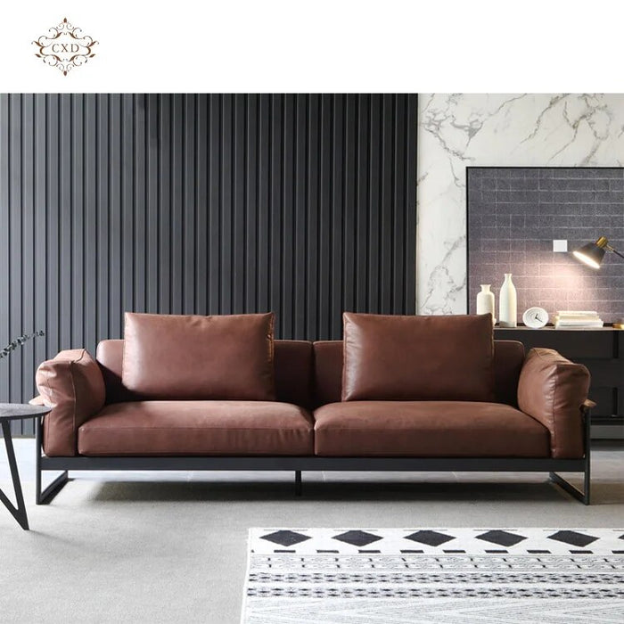 Italian Style Set Furniture Metal Frame Shape Corner 3 Seat Modern PU Leather Living Room Sofa