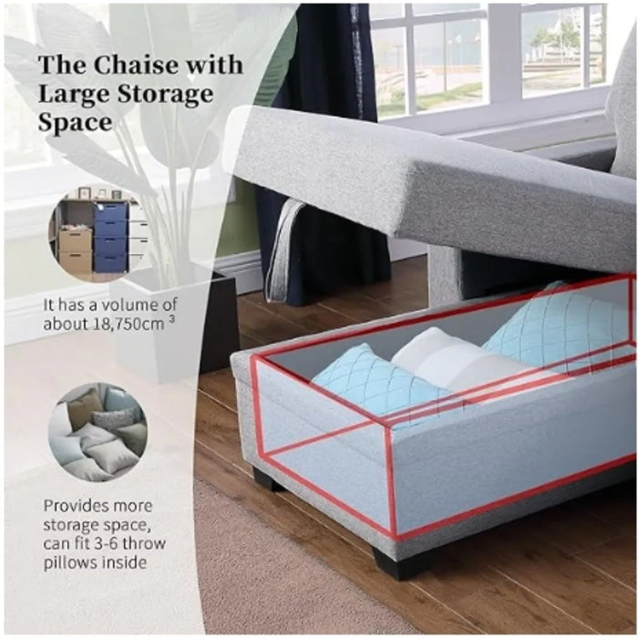 Living room sofa, convertible sectional sofa bed, foldable chaise longue with storage, home furniture, light grey