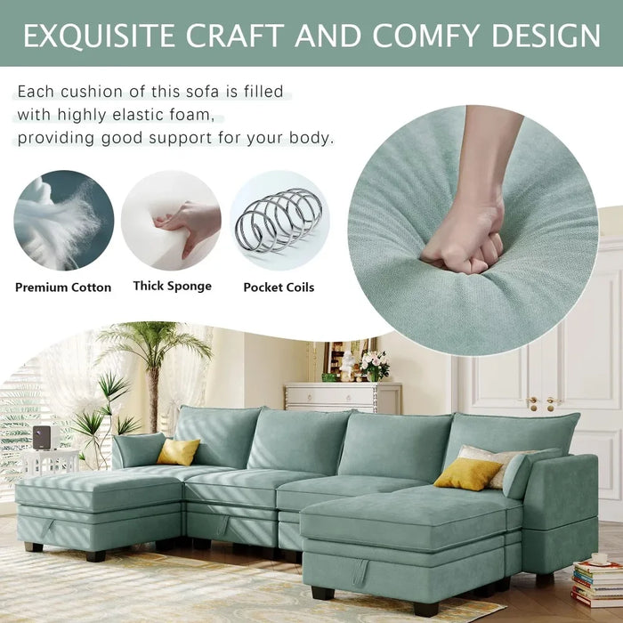 115" Large U/L Shaped Sectional Sofa with Storage Seat and Removable Cushions, Green, 6 Seat Convertible Couch Sleeper Bed
