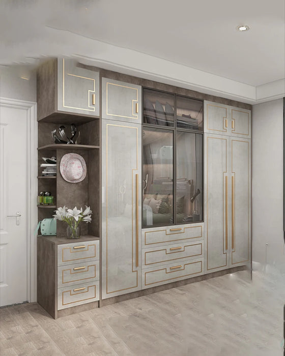 Light Luxury Flat Door Large Wardrobe Modern and Simple Home Bedroom Assembly Solid Wood Wardrobe Nordic Overall Cabinet Customi
