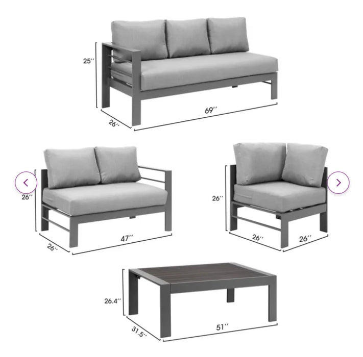 3-Pieces Outdoor All-Weather Conversation Set Sectional Sofa Corner Sofas Grey Aluminum with Dark Grey Cushions