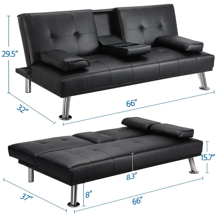 Modern Faux Leather Futon With Cupholders and Pillows Modern Sofas for Living Room Black Puffs Sofa Convertible Air Single Home