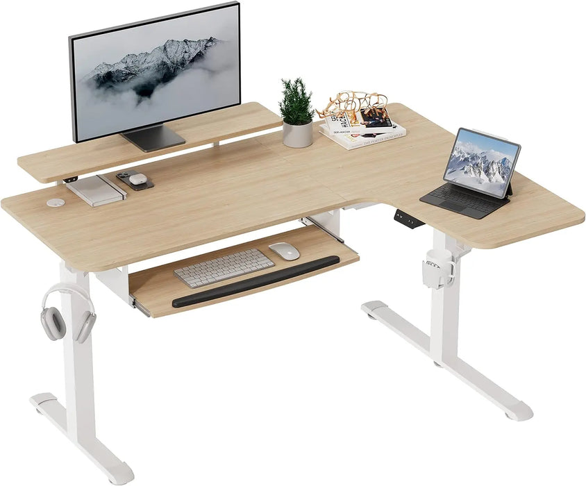Standing Desk Adjustable Height 61" Electric Sit Stand Computer Desk L Shaped with Keyboard Tray Monitor Stand &LED