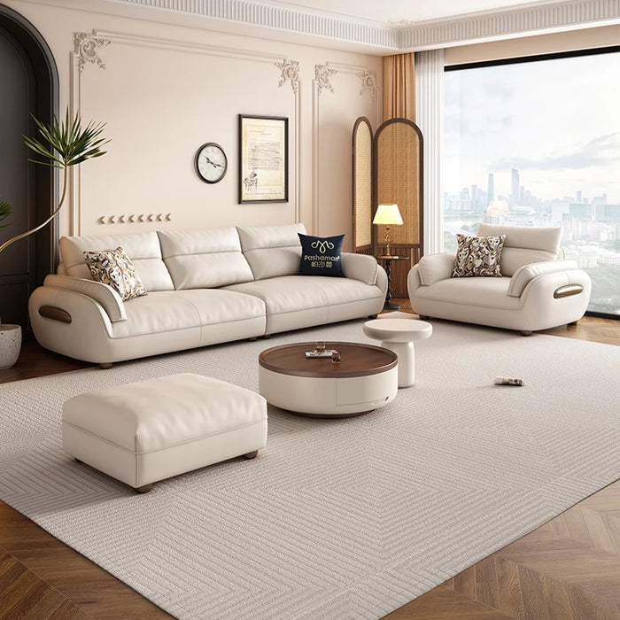 Leather sofa head cowhide French retro small living room straight high backrest cream sand hair