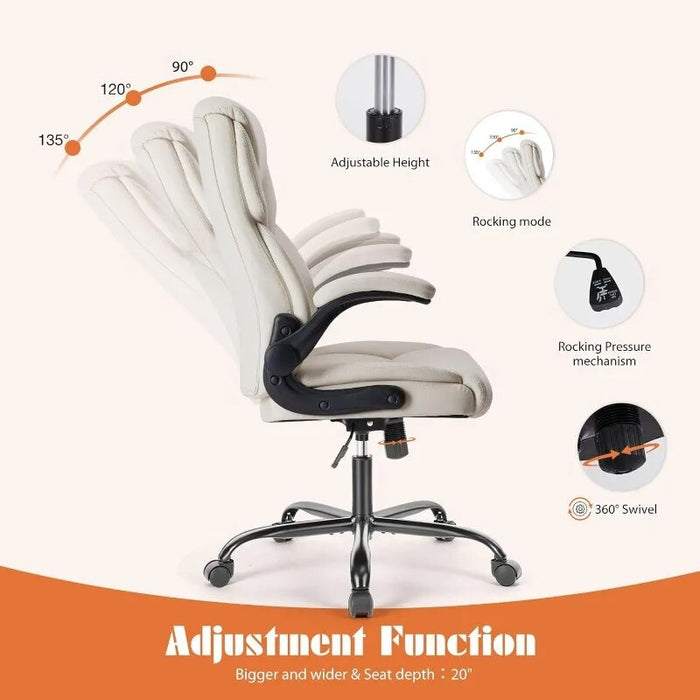 Sweetcrispy Home Office Chair, Ergonomic High Back Heavy Duty Task Chair with Flip-up Arms, PU Leather, Adjustable Swivel Cream