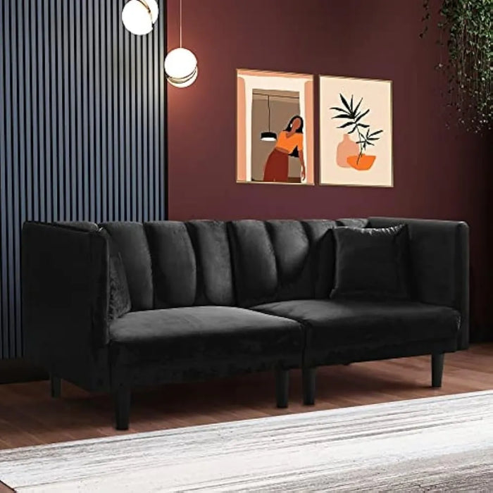 Bed Convertible Velvet, Modern Sleeper Sofa with 2 Pillows, 3 Adjustable Angles for Backrest, Living Room Couch, Black