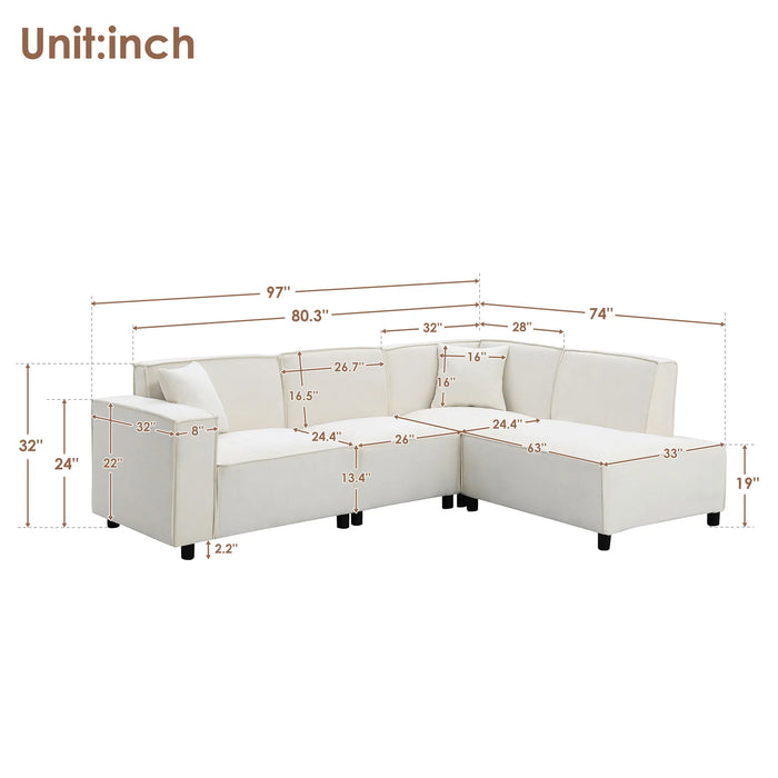 Modern Minimalist Style Sectional Sofa,L-shaped Couch Set with 2 Free Pillows,5-seat Chenille Fabric Couch with Chaise Lounge