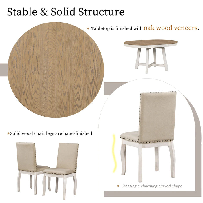 5-Piece Farmhouse Dining Table Set Wood Round Extendable Dining Table and 4 Upholstered Dining Chairs,Natural Wood/Antique White