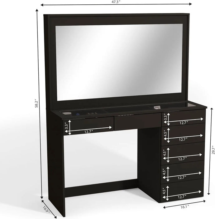 Modern Makeup Vanity Desk with Lights, 7 Drawers, Mirror, Glass Top , Crystal Ball, New Built-in Lights Version - Black