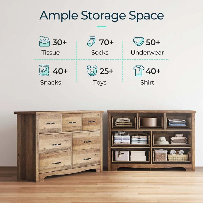 Dresser with 7 Drawers Double Dresser, Medieval Modern Dresser Cabinet with Wide Drawers, Living Room, Wooden, Dresser