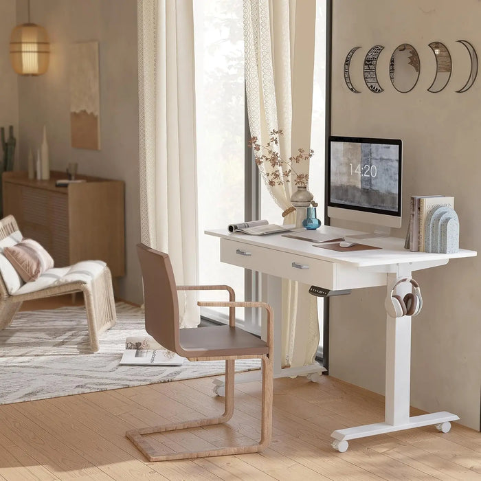 Adjustable Height Electric Standing Desk with Double Drawer, 55 x 24 Inches Stand Up Home Office Desk with Splice Tabletop