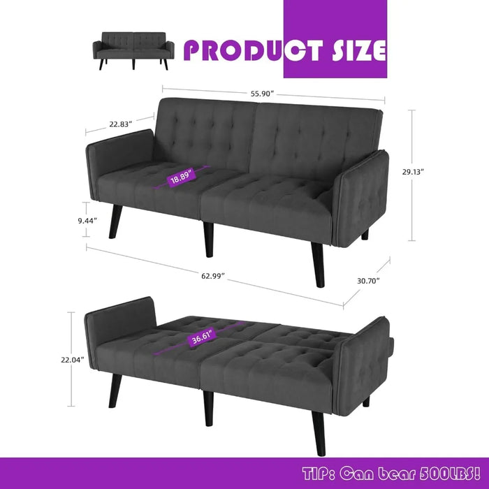 Sofa Bed with 2 USB, Tufted Foldable for Tight Small Spaces, Modern Fabric Linen Upholstered Foldable Futon Sofa Bed