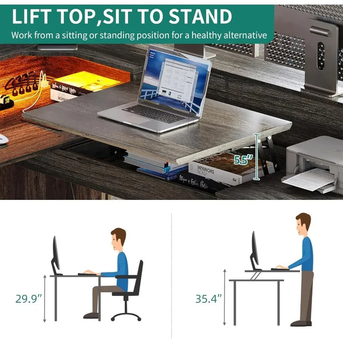 YITAHOME L Shaped Desk with Power Outlets & LED Lights, 60” Computer Desk with Drawers & Lift Top, Home Office Desk with Monitor