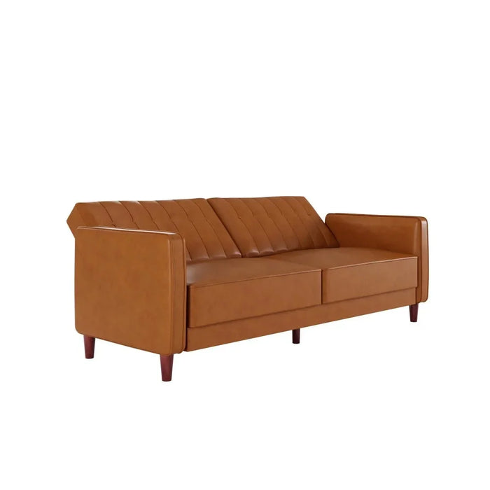 Living Room Tufted Transitional Futon Sofa, with 2 Seats, Camel Faux Leather Sofa Bed