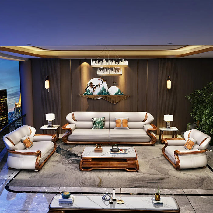 New Chinese Genuine Leather Light Luxury Living Room Small Apartment Ugyen Wooden Sofa Combination Furniture