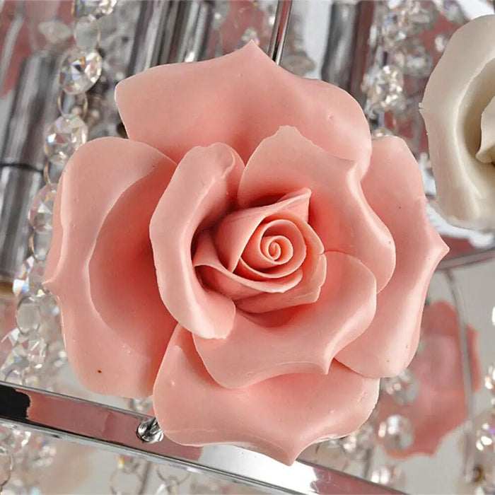 Modern Pink Crystal Chandelier Romantic Rose Flower Ceiling Lamp Pendant Light Girl Room Luxury Princess