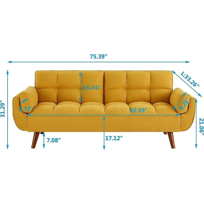 Modern convertible tufted linen upholstered futon sofa bed with 2 pillows, padded loveseat