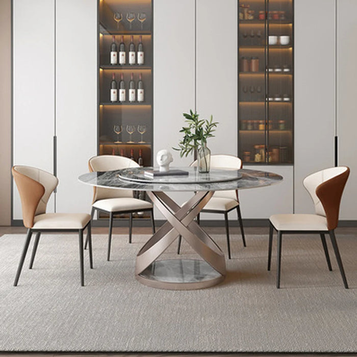 Modern simple rock plate round dining table with turntable household high-end light luxury dining table is extremely simple