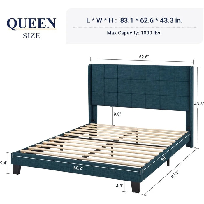 Queen Size Platform Bed Frame with Wingback, Fabric Upholstered Square Stitched Headboard and Wooden Slats
