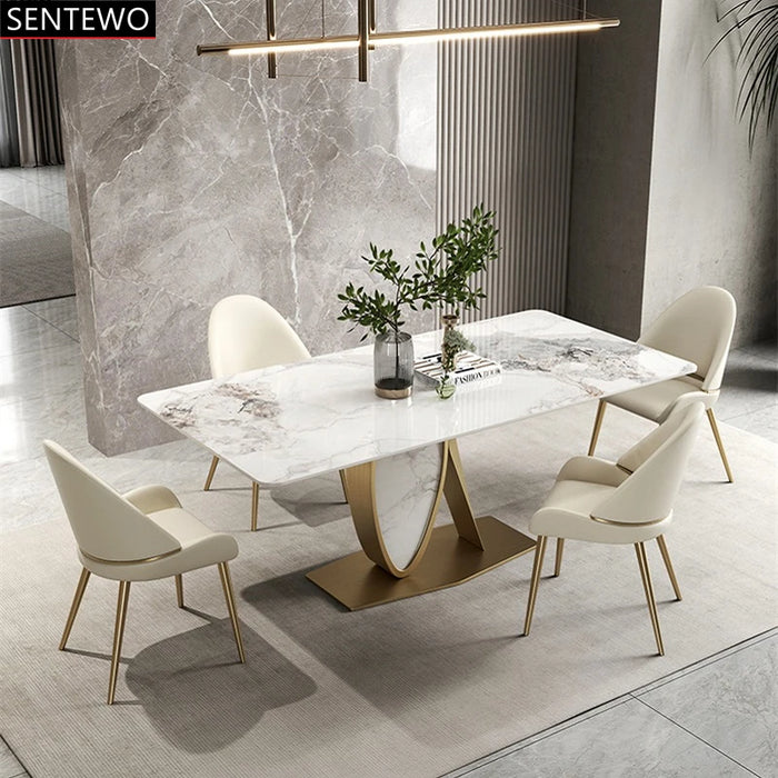 Luxury Rock Slab Kitchen Dining Table 8 Dinner Chairs Metal Titanium Gold Base Faux Marble Table Chair Set Meuble De Cuisine