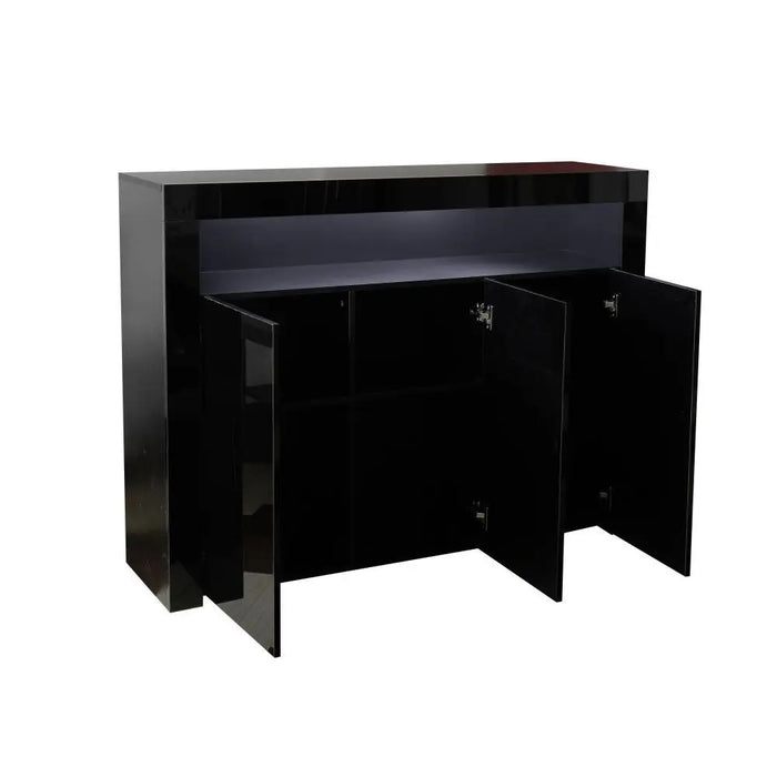Living Room Sideboard Storage Cabinet Black High Gloss with LED Light, Wooden Storage Display Cabinet TV Stand with 3 Doors