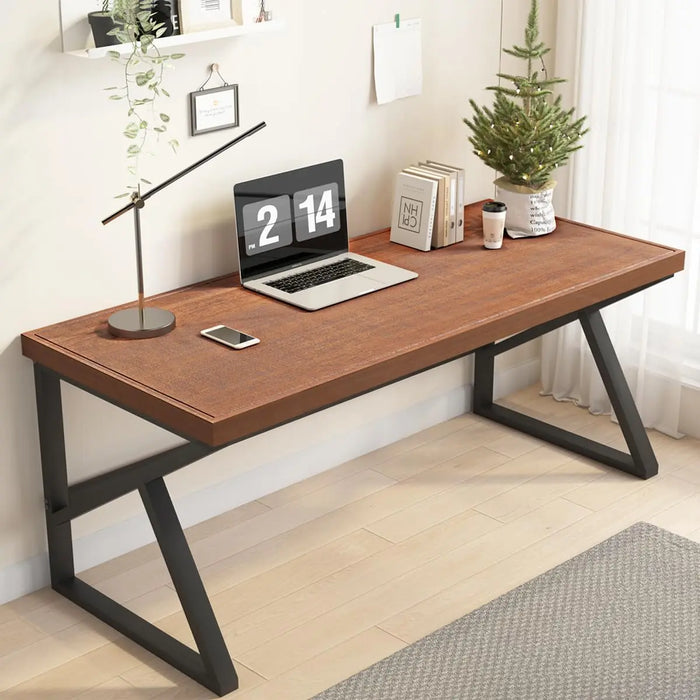 IBF Solid Wood Computer Desk, Natural Real Wooden and Metal Home Office Desk, Farmhouse Industrial Modern Executive Desk Worksta
