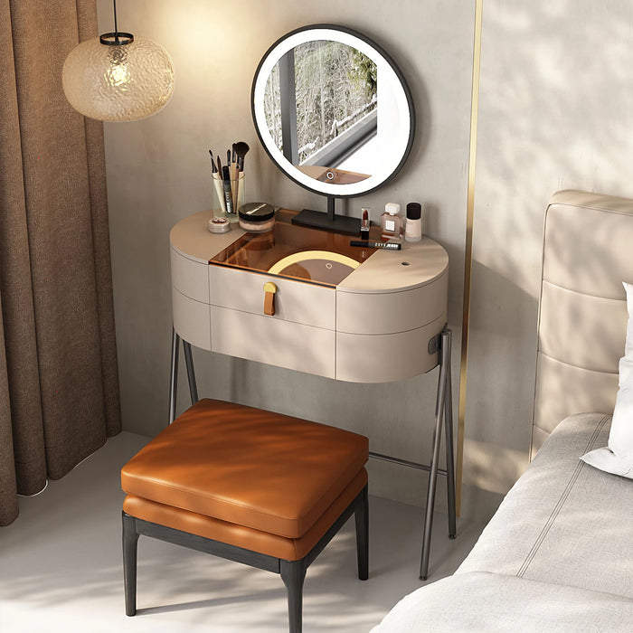 Italian Modern Vanity Table Set with LED Mirror and Solid Wood Stool - Stylish Storage, Makeup Station, Beauty Organizer!