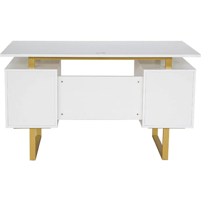 Storage Drawers and Cabinet 51.25” W-Modern Office Large Floating Desktop Surface Desk White/Gold Freight Free Computer Table