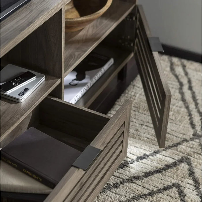Modern Slatted Wood TV Stand for TV's up to 80" Universal TV Stand for Flat Screen Living Room Storage Cabinets and Shelves 70in