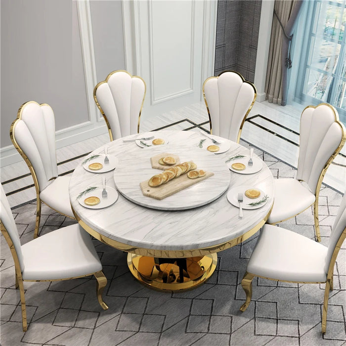 Table With Turntable For Large Villa Restaurant Marble Round Dining Table Set 6 Chairs Stainless Steel Frame Mesa Home Furniture