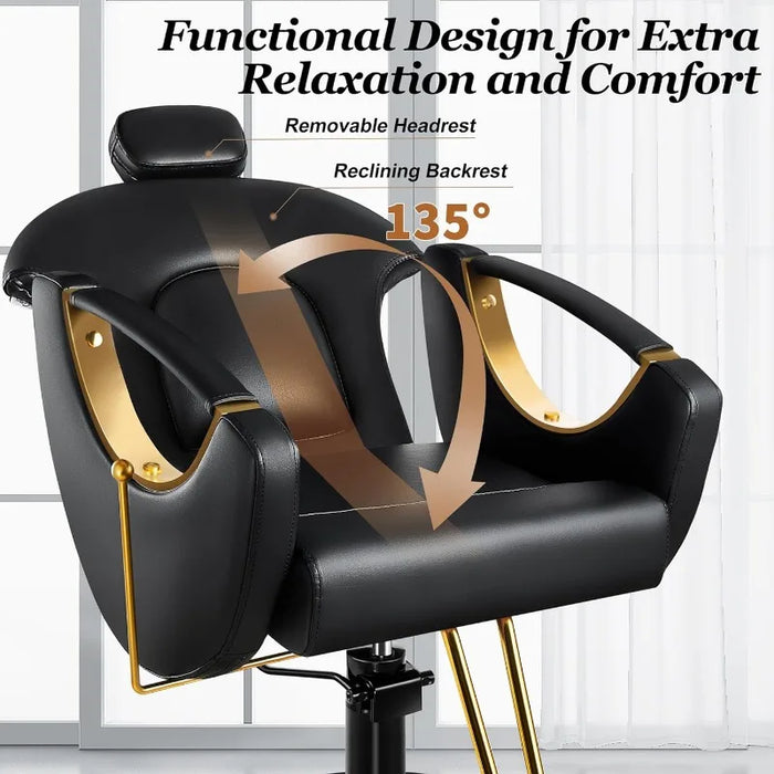 Baasha Ergonomic Reclining Hair Salon Chair, Gold Styling, Removable Headrest, 360 Swivel, Black