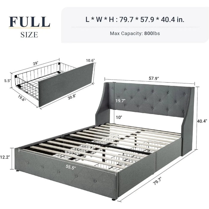 Bedroom furniture: full-size bed frame with 4 storage drawers and wing-back headboard, button tufted design, light grey