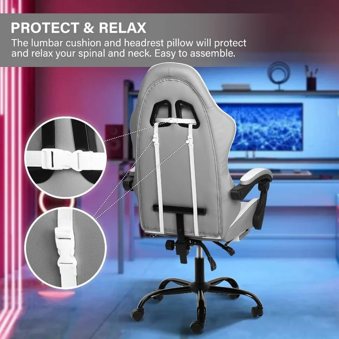 White Gaming Chair with Footrest, Big and Tall Gamer Chair, Racing Style Adjustable Swivel Office Chair, ErgonomicGame Chairs