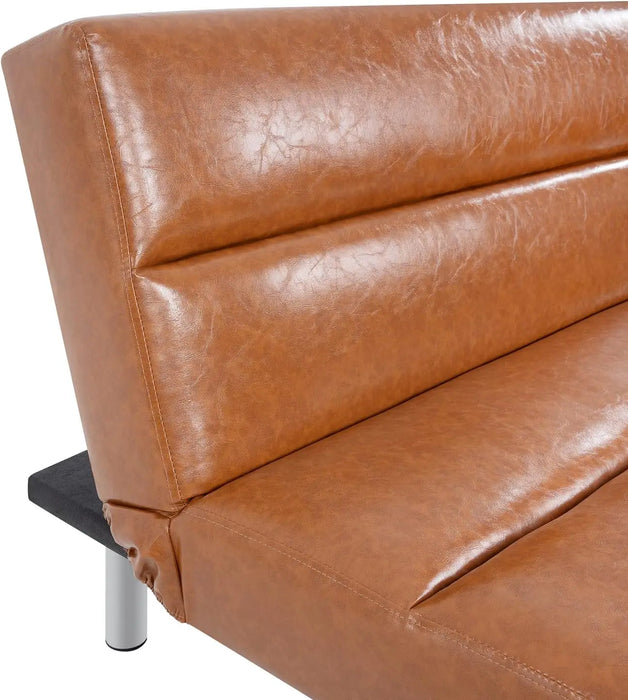 Faux Leather Classic Futon Sofa Bed, Pull Out Sofa Bed Couch with Metal Legs, Reclining Folding Small Couch Bed
