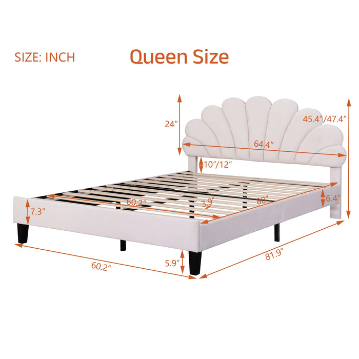 [Flash Sale]Queen/Full Size Upholstered Platform Bed with Flower Pattern Velvet Headboard Beige/Bean Paste Red[US-W]