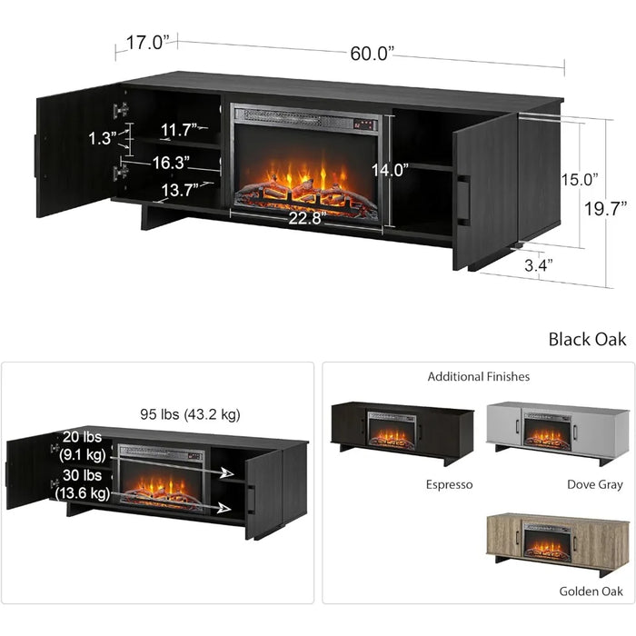 TV cabinet, electric fireplace 60 ", black oak tree TV bracket, home living room storage TV bracket