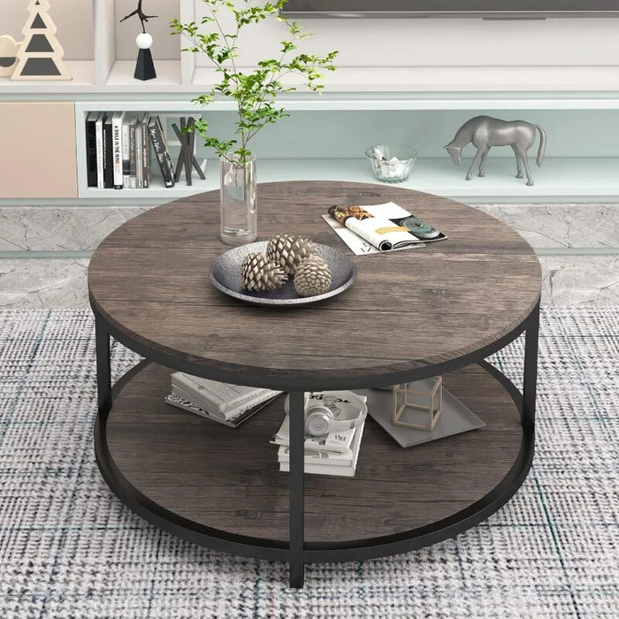NSdirect NS Round, 36 inch Coffee Living Room,2-Tier Rustic Wood Desktop & Sturdy Metal Legs Table Modern Design Home Furniture