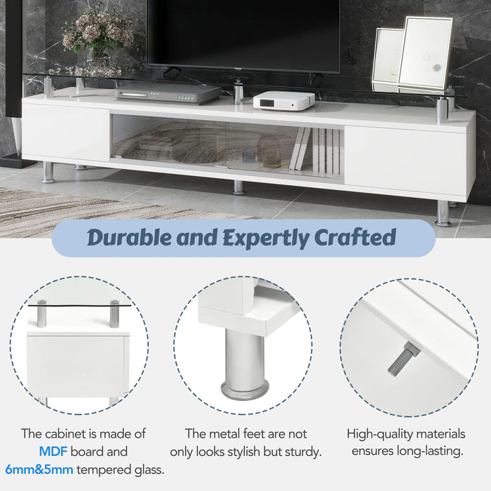 Sleek Design TV Stand with Silver Metal Legs&Ample Storage Capacity Tempered Glass TV Cabinet for TV Up to 70" White/Black[US-W]