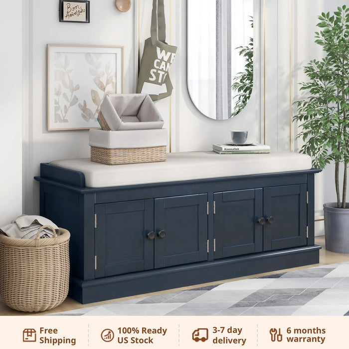 Storage Bench with 4 Doors and Adjustable Shelves, Shoe Bench with Removable Cushion for Living Room, Entryway