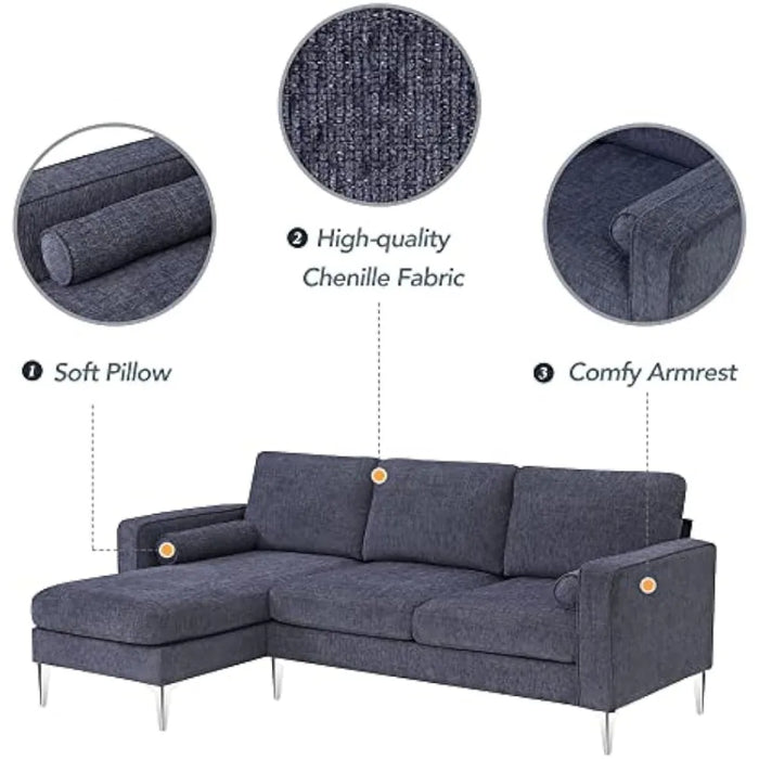 L-shaped sofa 3 seats, 86" convertible with two round pillows, sponge filled, chenille fabric living room, modern sectional sofa