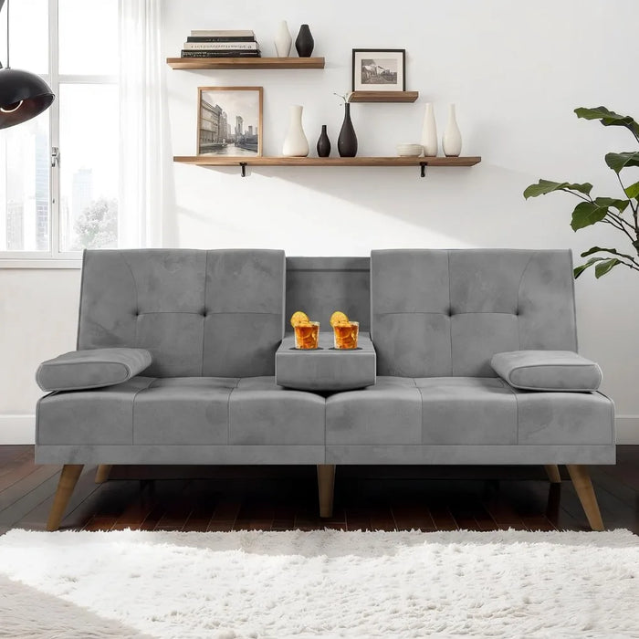 Futon Couch Sofa Bed Convertible Small Loveseat Sleeper with Cup Holder&Wood Legs&Removable Armrests,Small Spaces,Living Room