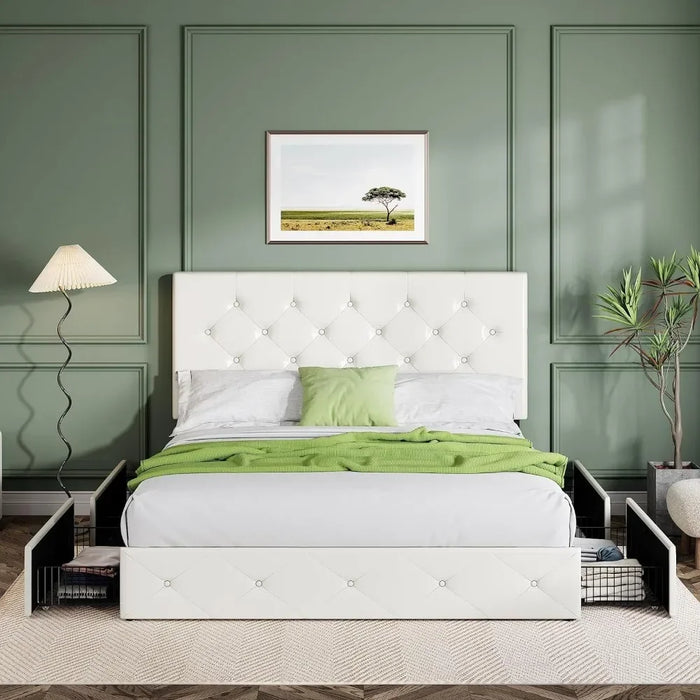 Bed FrameUpholstered Full-size Platform Bed Frame With 4 Storage Drawers And Headboard With Mattress Base Supported By Wooden Sl