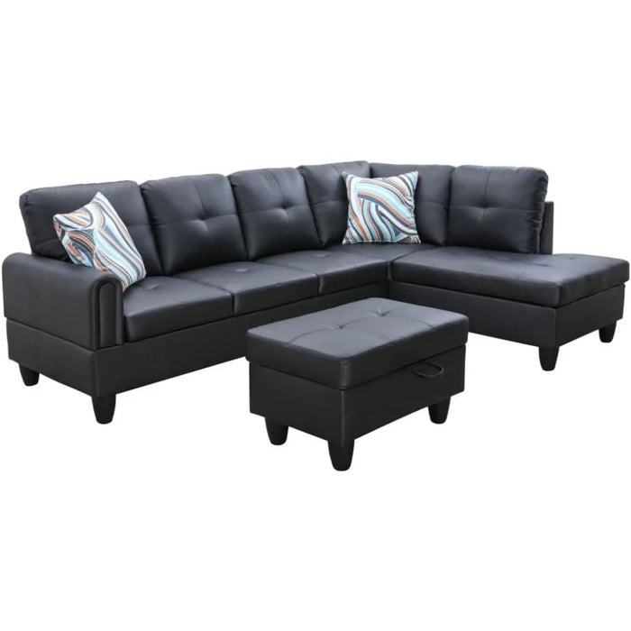 L-Shaped Faux Leather Sectional Sofa, With footstool and 2 living room throw pillows, Modular Sofa with Button Nailhead Decor