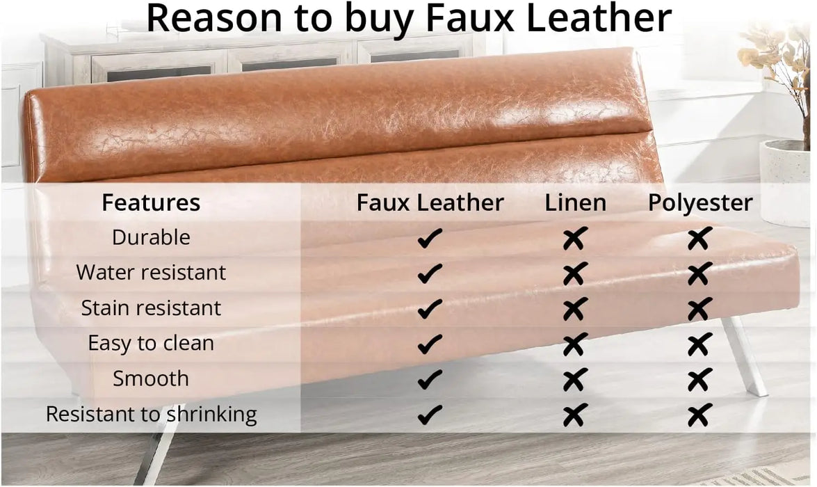 Faux Leather Classic Futon Sofa Bed, Pull Out Sofa Bed Couch with Metal Legs, Reclining Folding Small Couch Bed