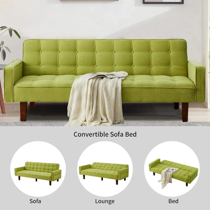 Convertible Futon Sofa Bed, Modern Tufted Loveseat Sofa Sleeper, Linen 3 Seater Couch for Living Room, Bedroom, Apartment, Green